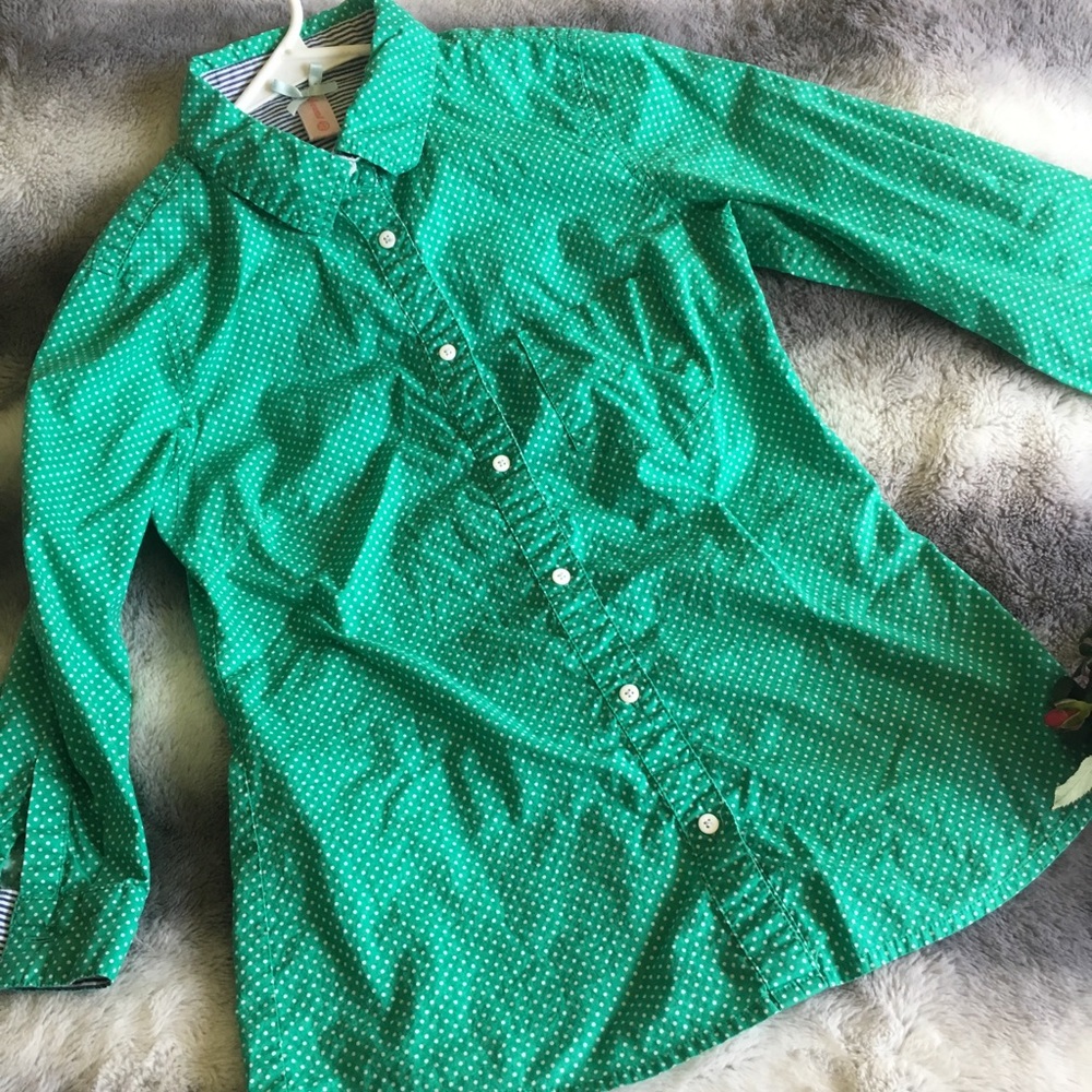 Downeast Green and white polka dot button down:Xs